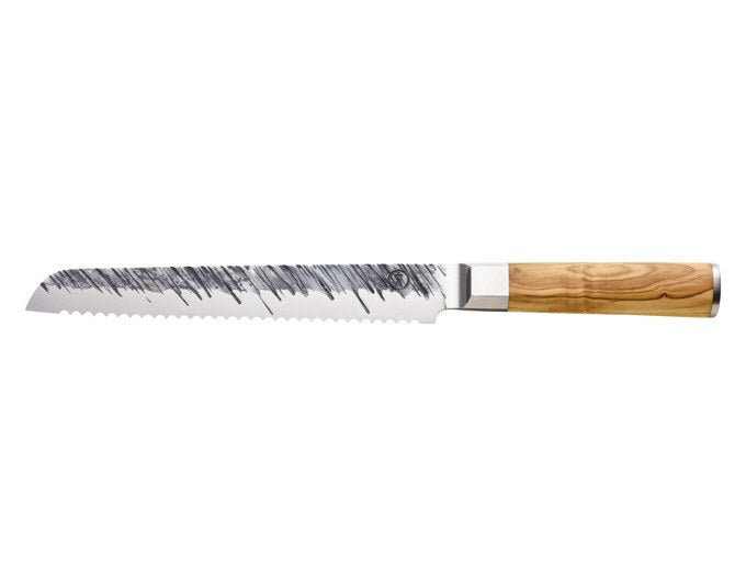 Brotmesser ZASSENHAUS Osaka mit langer gezahnter Klinge aus japanischem Stahl und braunem Griff aus Olivenholz, Hammerschlag-Finish sichtbar