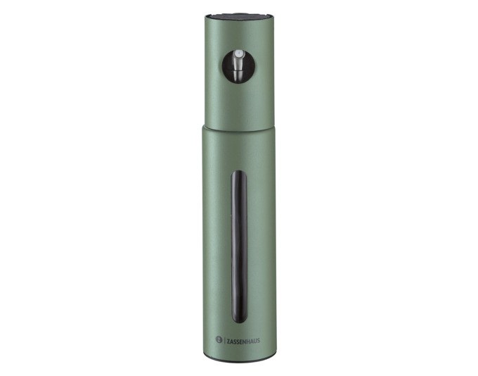 Grüner ZASSENHAUS Ölsprüher Oleon 100 ml mit Sprühkopf, Trichter und Pinsel als Zubehör für Öl und Essig, kompakte Form.