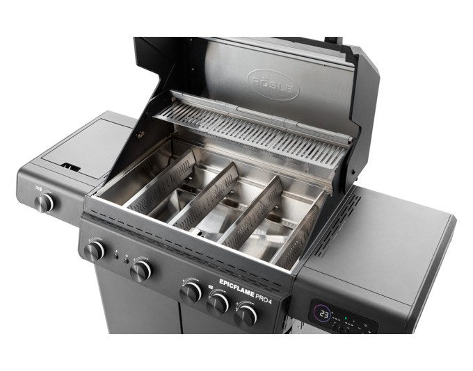 RÖSLE Gasgrill Epicflame Pro 4 in Schwarz mit Seitentischen, Edelstahlkomponenten, emailliertem Gusseisen-Grillrost und geschlossenem Unterschrank.