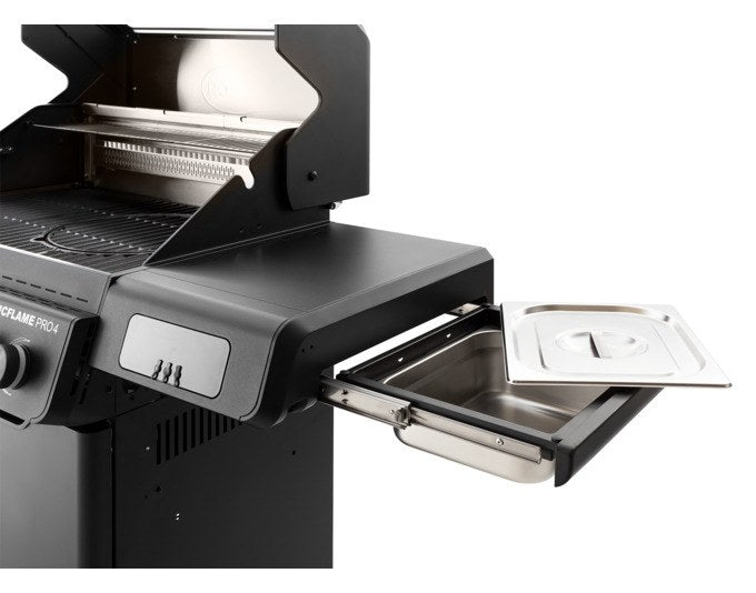 RÖSLE Gasgrill Epicflame Pro 4 in Schwarz mit Seitentischen, Edelstahlkomponenten, emailliertem Gusseisen-Grillrost und geschlossenem Unterschrank.
