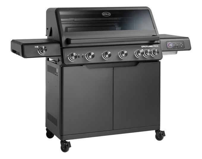Schwarzer RÖSLE Gasgrill Epicflame Pro 6 mit Edelstahl- und Aluminium-Elementen, zwei Seitentischen, LED Display und geschlossenem Unterschrank.