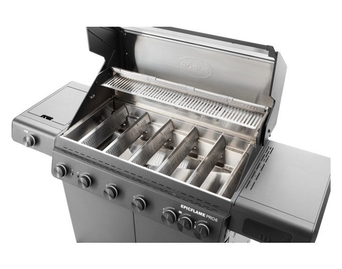 Schwarzer RÖSLE Gasgrill Epicflame Pro 6 mit Edelstahl- und Aluminium-Elementen, zwei Seitentischen, LED Display und geschlossenem Unterschrank.