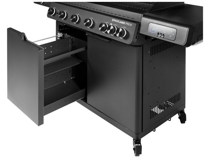 Schwarzer RÖSLE Gasgrill Epicflame Pro 6 mit Edelstahl- und Aluminium-Elementen, zwei Seitentischen, LED Display und geschlossenem Unterschrank.