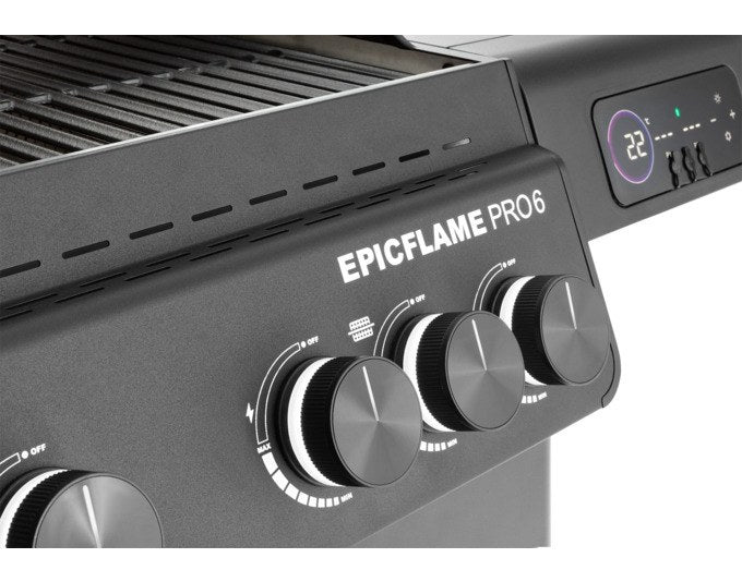 Schwarzer RÖSLE Gasgrill Epicflame Pro 6 mit Edelstahl- und Aluminium-Elementen, zwei Seitentischen, LED Display und geschlossenem Unterschrank.