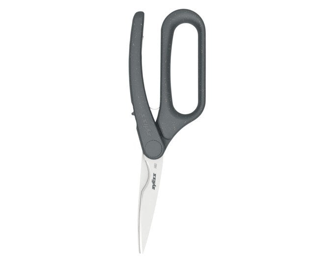 Graue ZYLISS Allzweckschere aus Edelstahl und Weizenstroh mit ergonomischem Griff und gekerbter Klinge, Länge 21 cm, liegend fotografiert.