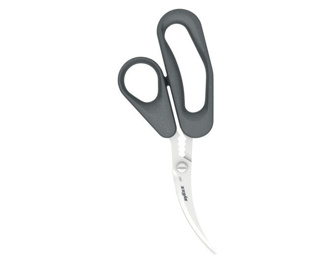 Graue ZYLISS Meeresfrüchteschere aus Edelstahl und Weizenstroh mit gebogenen, gezahnten Klingen und ergonomischem Griff, Länge 18.3 cm.