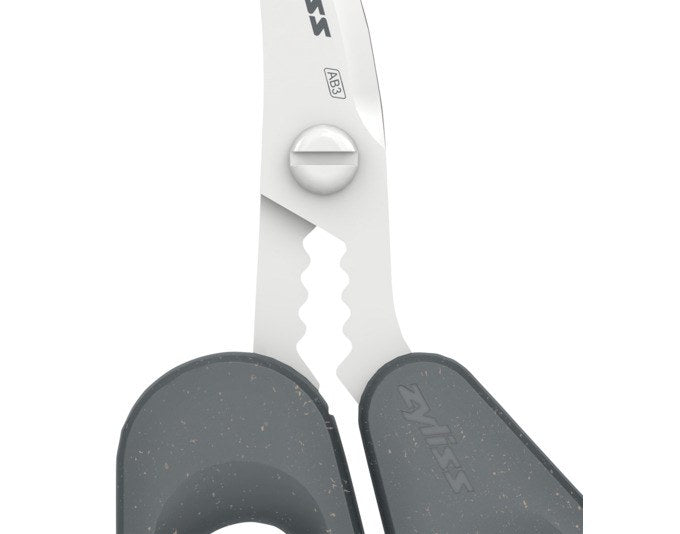 Graue ZYLISS Meeresfrüchteschere aus Edelstahl und Weizenstroh mit gebogenen, gezahnten Klingen und ergonomischem Griff, Länge 18.3 cm.