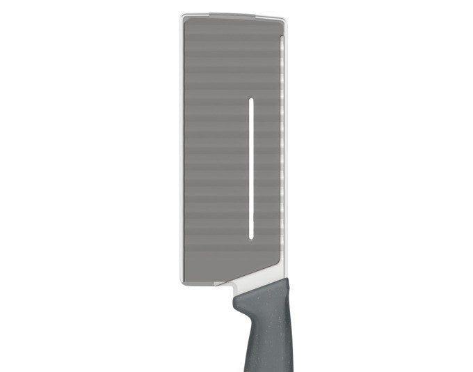 Silbergraues ZYLISS Wellenschneidemesser mit Edelstahlklinge und Griff aus Weizenstrohmaterial, Klingenlänge 11.5 cm, auf hellem Hintergrund fotografiert.