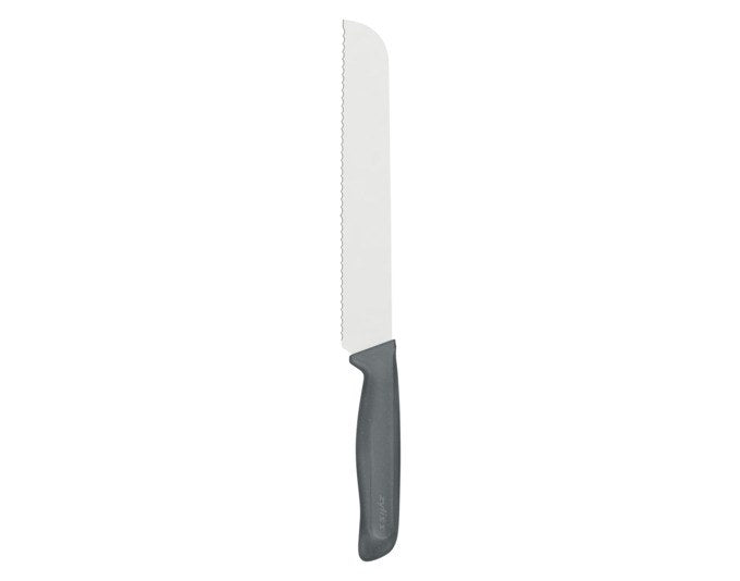 Brotmesser von ZYLISS mit gezahnter Edelstahlklinge und grauem Griff aus Weizenstrohmaterial, Klingenlänge 21 cm, freigestellt fotografiert.