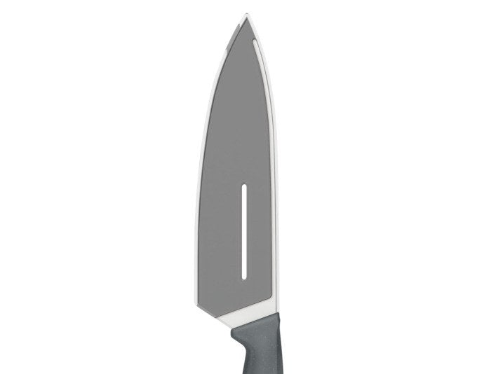 Nahaufnahme des ZYLISS Kochmessers mit 15 cm langer Edelstahlklinge und Griff aus Weizenstrohmaterial in den Farben Silber und Grau.