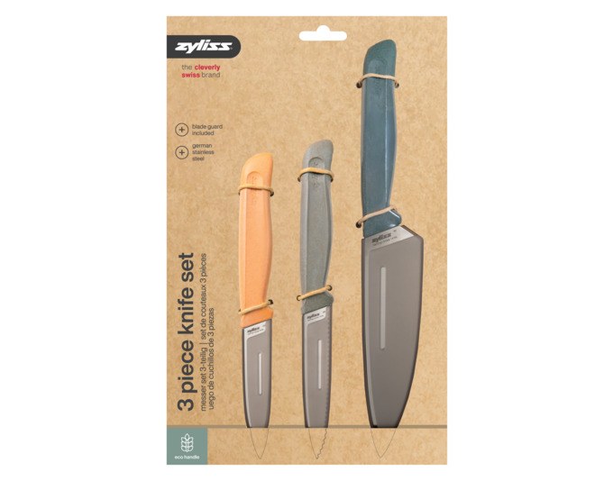 Produktfoto des ZYLISS Messersets: Kochmesser und zwei Rüstmesser mit Edelstahlklingen und ergonomischen Griffen aus Weizenstrohmaterial.