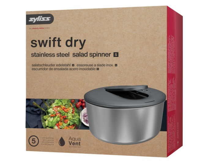 Edelstahl-Salatschleuder ZYLISS Swift Dry S in rundem Design mit Deckel, Ausgiesser und Stopp-Taste, Farbe Silber-Grau.