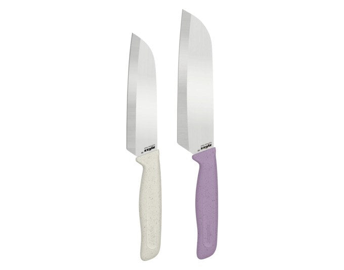 ZYLISS Santoku-Messerset Classic in Weiss/Violett, zwei Messer mit Edelstahlklinge und Griffen aus Weizenstrohmaterial samt Klingenschutz.