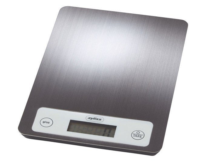 Digitale Küchenwaage von ZYLISS aus Edelstahl in Anthrazit/Grau, flache rechteckige Form mit LCD-Display und Tara-Taste.