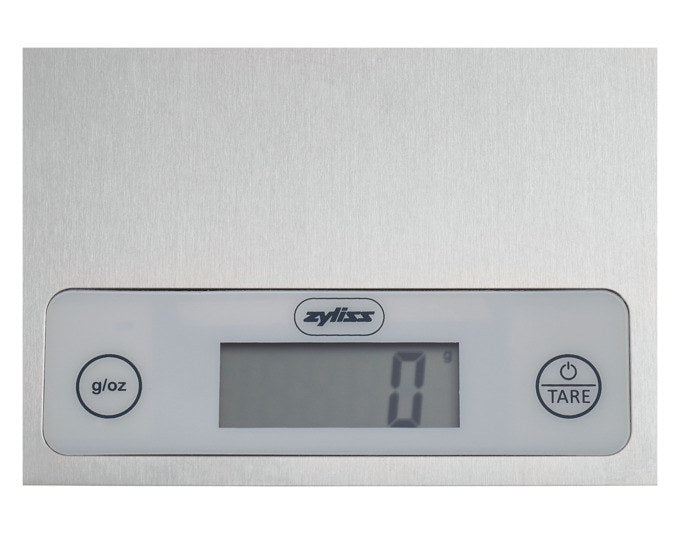 Digitale Küchenwaage von ZYLISS aus Edelstahl in Anthrazit/Grau, flache rechteckige Form mit LCD-Display und Tara-Taste.