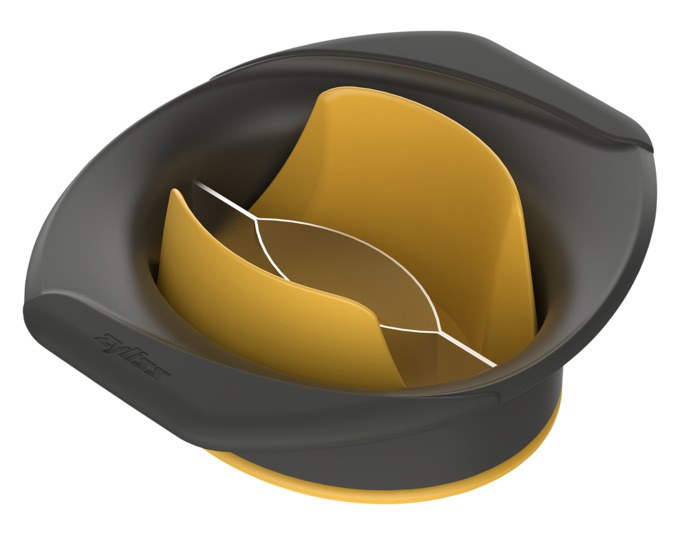 Schwarzer ZYLISS Mangoschneider 3in1 aus Edelstahl mit mikrogezahnten Klingen, kompakte Form zum Entkernen, Teilen und Schälen von Mangos.