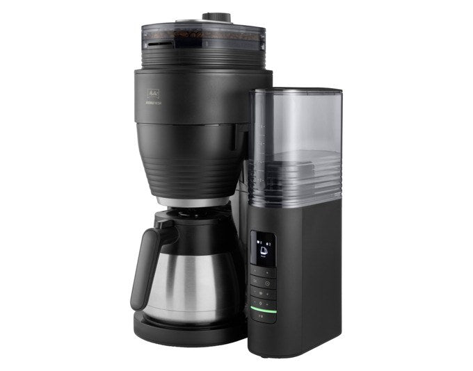 Schwarze MELITTA Kaffeemaschine Aromafresh Therm Pro X mit TFT-Display, Schwenkfilter und doppelwandiger Edelstahl-Thermkanne im Detail.