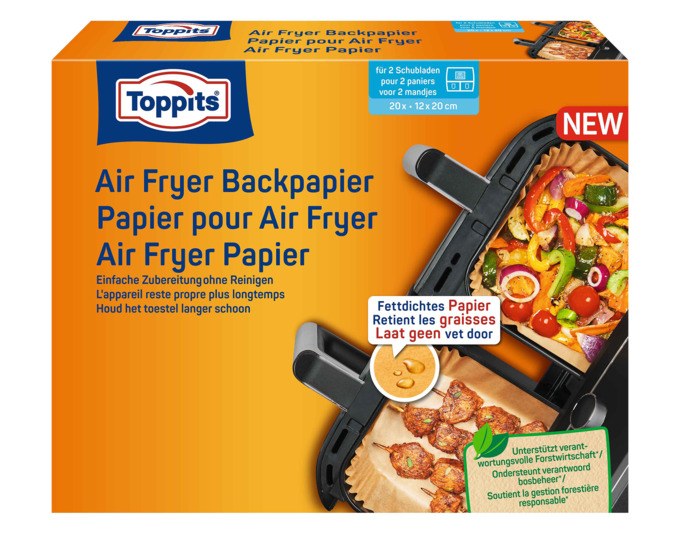 Braunes, zugeschnittenes TOPPITS Backpapier für Heissluftfritteusen aus fettdichtem, ungebleichtem Papier mit Antihaft-Beschichtung, rechteckige Form.