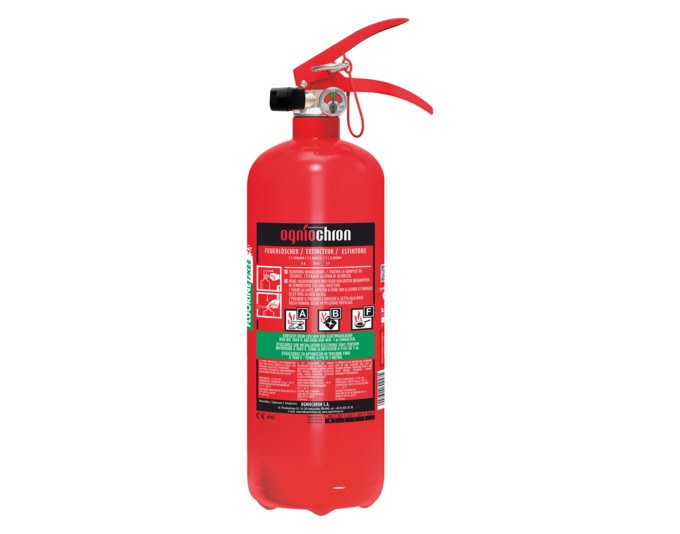 Roter Schaum-Feuerlöscher mit Manometer, zylindrischer Behälter, Höhe 36.8 cm, Durchmesser 11 cm, Aufschrift ABF/FF.