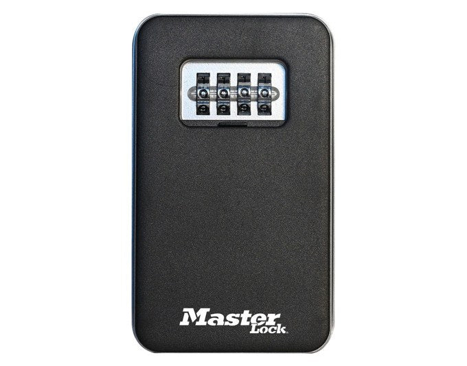 Schwarzer MASTER LOCK Schlüsselsafe aus Aluminium mit Zahlenkombination, Rollladentür und Montageset für die Wand, Grösse 124x75x50 mm.