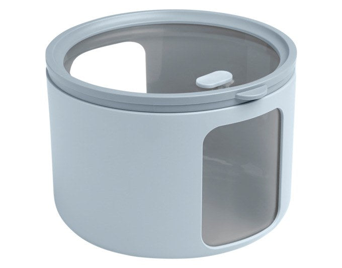 Runde graue Vorratsdose BLIMPLUS Tondo M mit transparentem Deckel, seitlichen Sichtfenstern und stapelbarer Form, Durchmesser 14.5 cm.