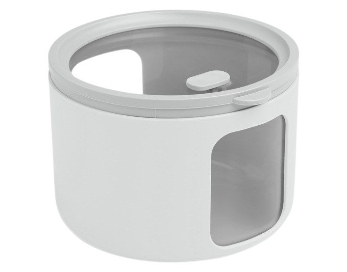 Runde weisse Vorratsdose BLIMPLUS Tondo S mit transparentem Deckel und seitlichen Sichtfenstern, stapelbares Design für Trockenlebensmittel.