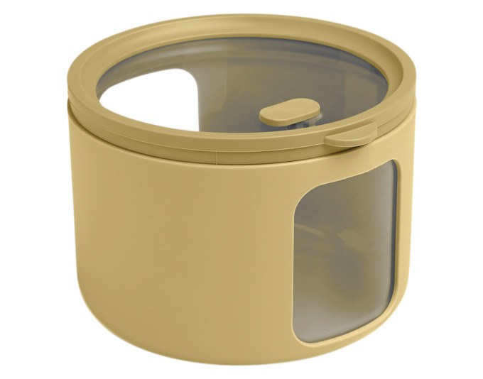 Runde gelbe Vorratsdose Tondo S von BLIMPLUS mit transparentem Deckel, seitlichen Sichtfenstern und stapelbarem Design für Lebensmittel.