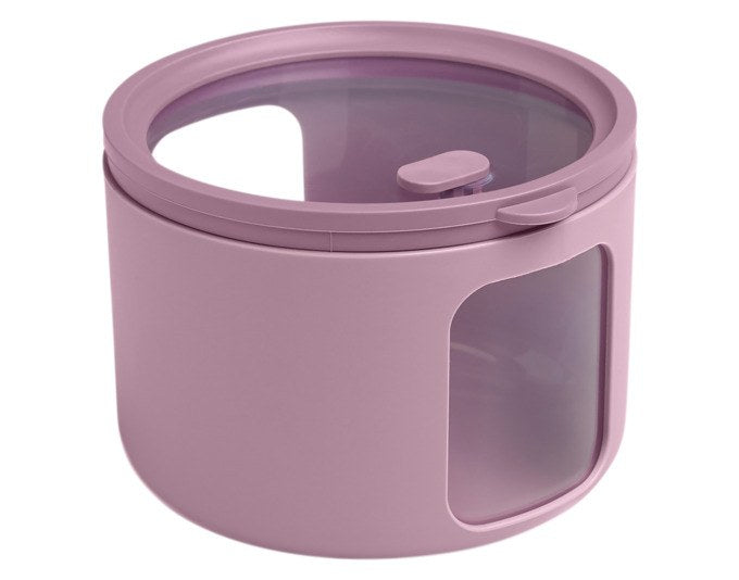 Runde Vorratsdose Tondo S in Mauve von BLIMPLUS mit transparentem Deckel und seitlichen Sichtfenstern, stapelbar.