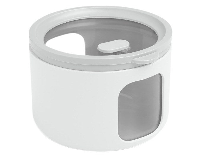 Runde Vorratsdose Tondo XS von BLIMPLUS in Arctic White mit transparentem Deckel, seitlichen Fenstern und Durchmesser von 10 cm.