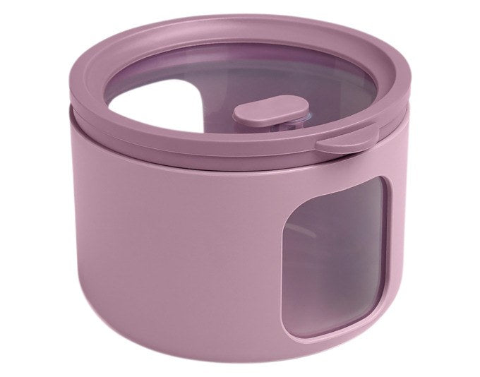 Runde Vorratsdose Tondo XS von BLIMPLUS in Mauve mit transparentem Deckel und seitlichen Sichtfenstern, Durchmesser 10 cm, Höhe 7.5 cm.