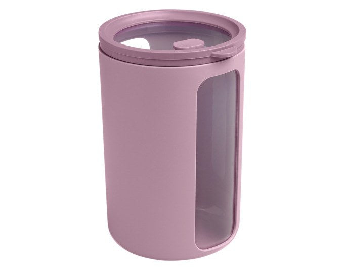 Runde Vorratsdose aus Kunststoff in Mauve mit transparentem Deckel, seitlichen Sichtfenstern und stapelbarer Form, Höhe 16 cm.
