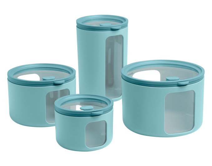 Vier stapelbare Vorratsdosen der BLIMPLUS Tondo Serie in Teal-Grün mit transparenten Deckeln und seitlichen Sichtfenstern, unterschiedliche Grössen.