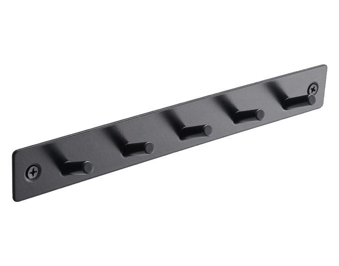Schwarze matte Hakenleiste aus Metall mit fünf Haken zur Wandmontage, Länge 23.5 cm, geeignet für Handtücher und Kleidung im Bad oder Flur.