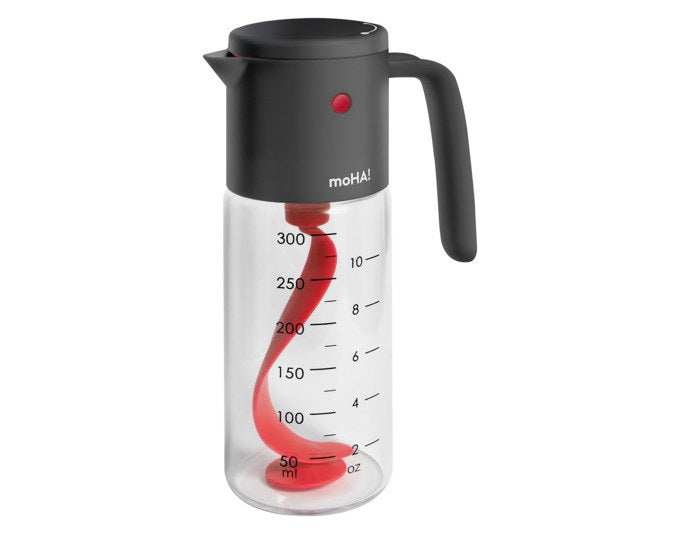 Schwarz-transparenter Salatdressing Shaker von MOHA aus Kunststoff mit Drehverschluss, Ausgiesser und Skala, Fassungsvermögen 300 ml.