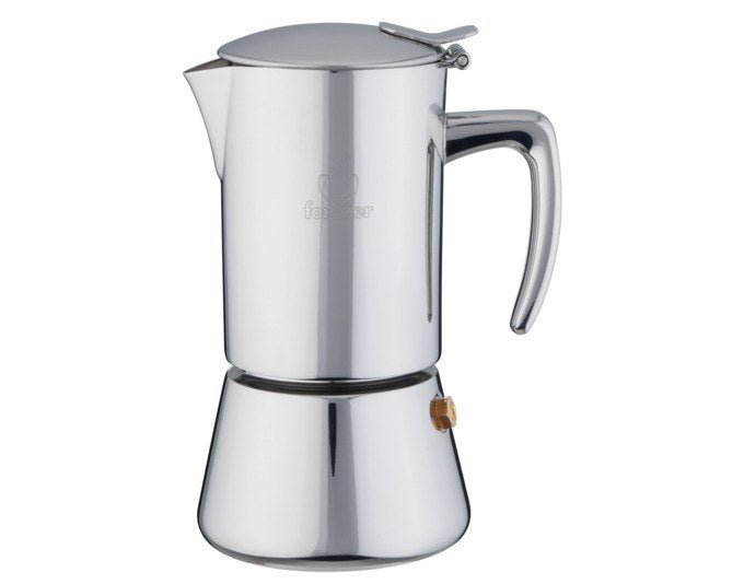 FOREVER Miss Aurora Kaffeezubereiter aus rostfreiem Edelstahl in Chrom und Silber, kompakte Kannenform für die Zubereitung von 2 Tassen Kaffee.