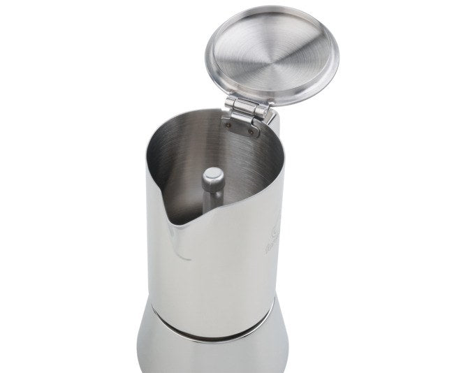 FOREVER Miss Aurora Kaffeezubereiter aus rostfreiem Edelstahl in Chrom und Silber, kompakte Kannenform für die Zubereitung von 2 Tassen Kaffee.