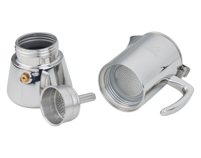 FOREVER Miss Aurora Kaffeezubereiter aus rostfreiem Edelstahl in Chrom und Silber, kompakte Kannenform für die Zubereitung von 2 Tassen Kaffee.