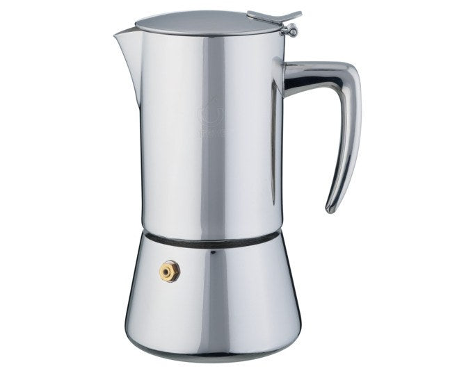 Kaffeezubereiter Miss Aurora von FOREVER aus glänzendem, rostfreiem Edelstahl in Chrom-Silber, klassische Moka-Form mit Griff und Deckel.