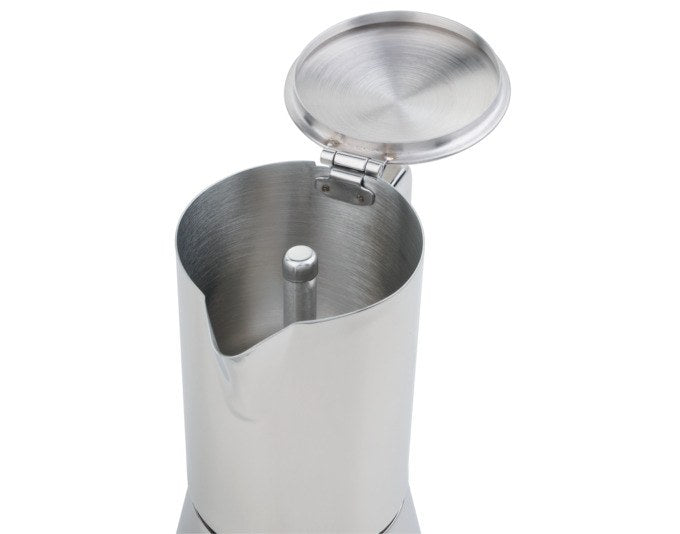 Kaffeezubereiter Miss Aurora von FOREVER aus glänzendem, rostfreiem Edelstahl in Chrom-Silber, klassische Moka-Form mit Griff und Deckel.
