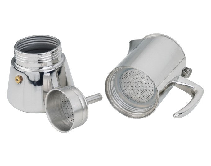 Kaffeezubereiter Miss Aurora von FOREVER aus glänzendem, rostfreiem Edelstahl in Chrom-Silber, klassische Moka-Form mit Griff und Deckel.