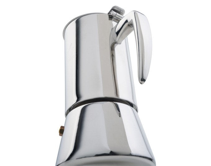 Kaffeezubereiter Miss Aurora von FOREVER aus glänzendem, rostfreiem Edelstahl in Chrom-Silber, klassische Moka-Form mit Griff und Deckel.