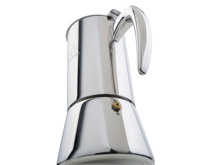 Kaffeezubereiter Miss Aurora von FOREVER aus rostfreiem Edelstahl in Chrom-Silber, Moka-Form mit Griff, für 6 Tassen Kaffee.