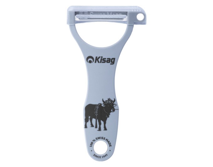 Grauer KISAG Sparschäler Muni mit beweglicher Edelstahlklinge, integriertem Kartoffelaugen-Ausstecher und ergonomischem Griff für beide Hände.