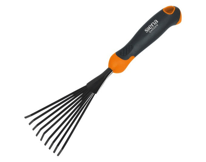 Handfächerbesen von SIENA GARDEN mit orangem 2-Komponenten-Griff und schwarzem Gerätekopf aus pulverbeschichtetem Stahl, Fächerform.