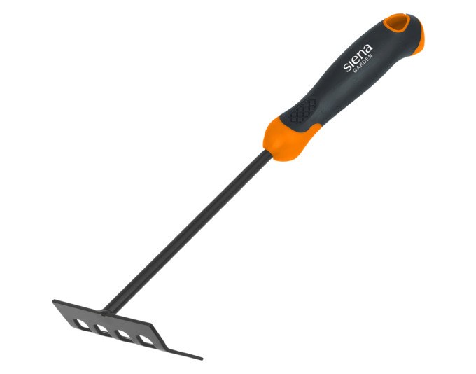 Handrechen mit schwarzem 2-Komponenten-Griff und orangem, pulverbeschichtetem Stahlkopf, Rechenkopf mit mehreren Zinken, Draufsicht.
