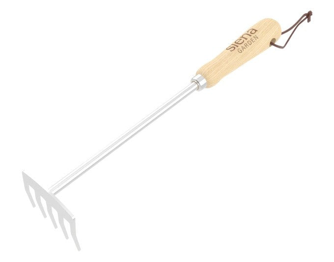 Handrechen SIENA GARDEN Isyplant M 32 cm mit Edelstahlkopf und Stiel aus Eschenholz, kompakte Bauform für Beete und Pflanzgefässe.