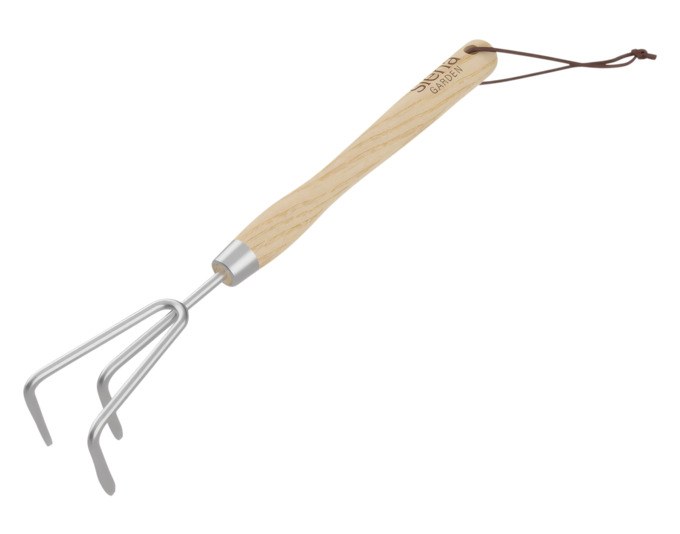 Handgrubber mit 3 Zinken aus Edelstahl und Stiel aus Eschenholz, Länge 44.5 cm, Farbe Silber, Natur und Braun, Gartenwerkzeug von SIENA GARDEN.