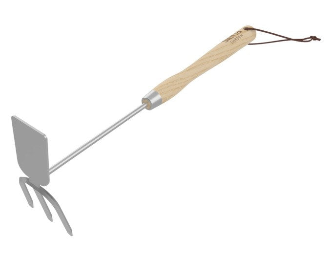Doppelhacke Isyplant L von SIENA GARDEN mit Edelstahlkopf, 3 Zinken und Eschenholzstiel in Natur, Braun und Silber, Länge 48.5 cm.