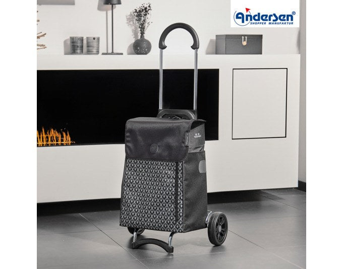 Schwarzer Einkaufswagen ANDERSEN Scala Teda mit Aluminiumgestell, abnehmbarer Tasche und integriertem Thermofach, auf Rollen stehend.