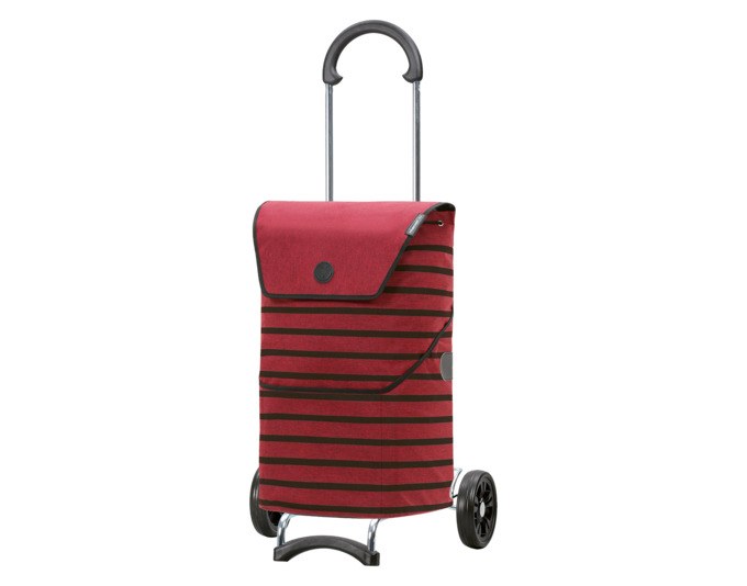 Bordeauxroter Einkaufswagen ANDERSEN Scala Jelke mit Aluminiumgestell, Flüsterrädern und abnehmbarer Einkaufstasche auf vier Rollen.